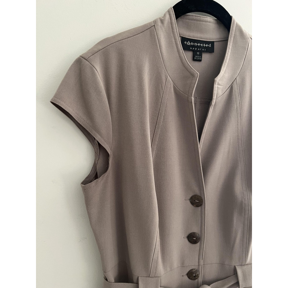 Connected Apparel Dress Womens 12 Taupe Button Front Belted Midi Cap Sleeve Work - Picture 4 of 11